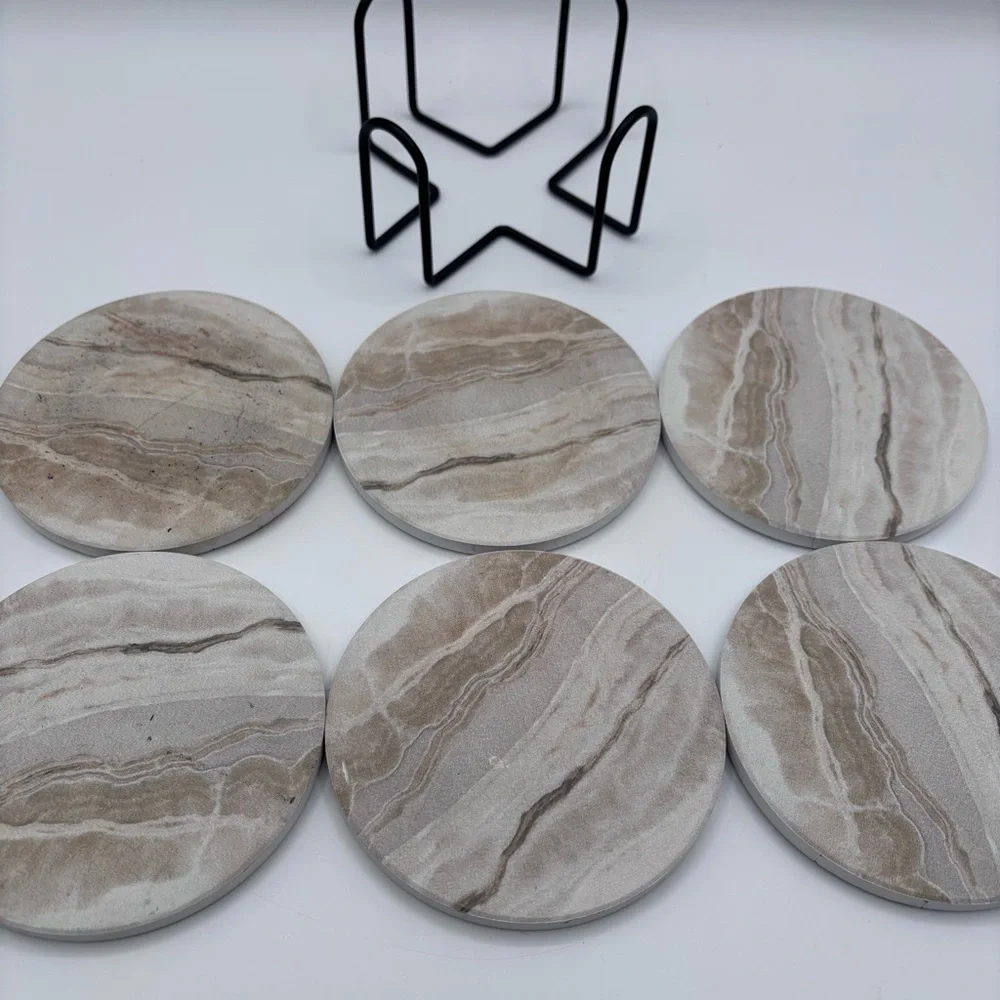 Marble Stone Coasters Set of 6 with Metal Holder — Absorbent Cork Back Drink